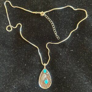 New! Silver Color Teardrop w/Leaf & Turquoise Color Stone on Dainty 18"+2" Chain